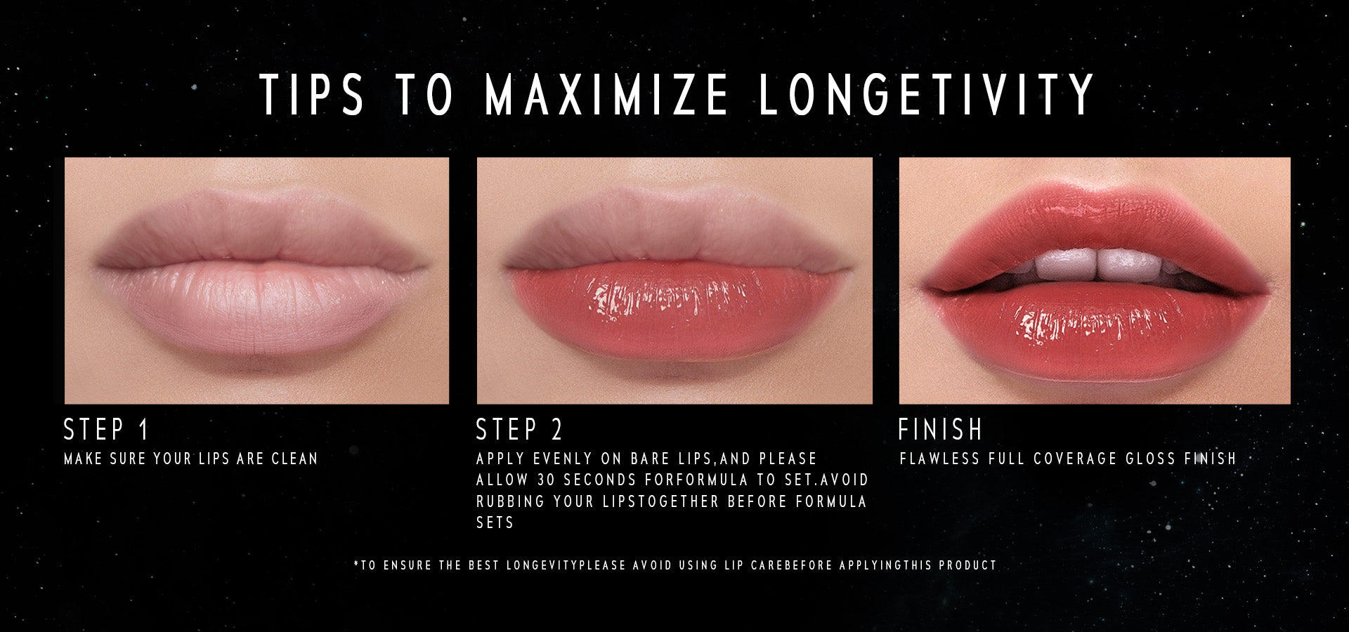 TimePhoria STELLAR DUST LIP STAIN application guide with tips to maximize longevity on a black background