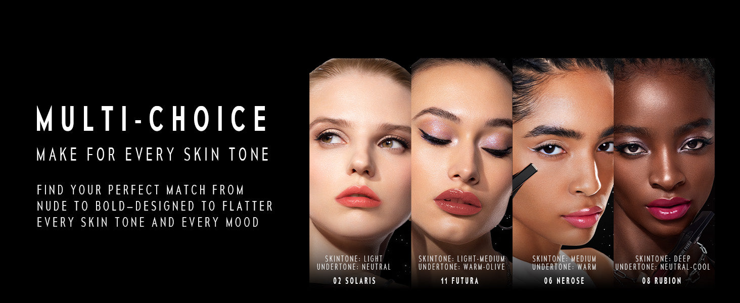 TimePhoria STELLAR DUST LIP STAIN for makeup products with four different skin tones displayed.