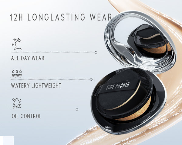 Timephoria Matte Cover Cushion foundation Makeup compact with '12H Longlasting Wear' text and product features on a light background