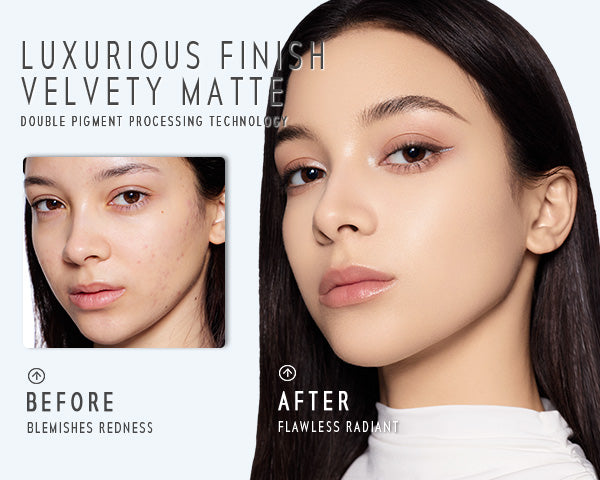 Timephoria Matte Cover Cushion foundation Before and after comparison of a woman's face with luxurious finish and velvety matte texture.