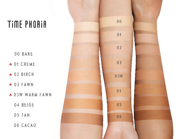 Timephoria Matte Cover Cushion foundation Color swatches of foundation shades on an arm model