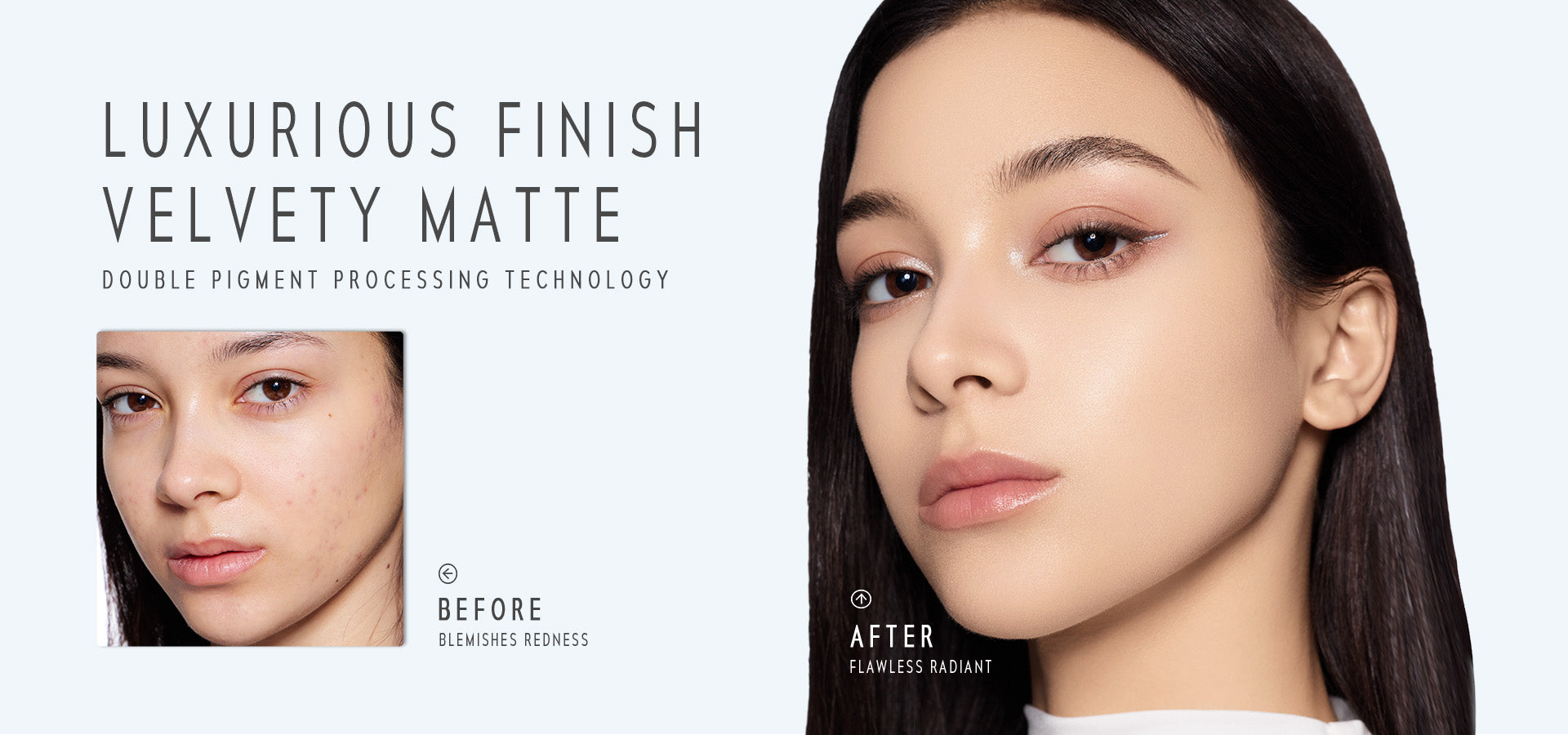 Timephoria Matte Cover Cushion foundation Before and after comparison of a woman's face with luxurious finish and velvety matte texture.