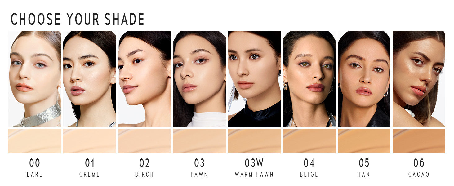 Timephoria Matte Cover Cushion foundation Color swatch chart with model faces to choose makeup shade