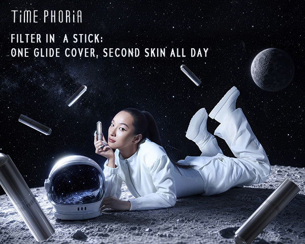 Time Phoria skin tint stick Person in astronaut suit on moon with space-themed filter and text overlay
