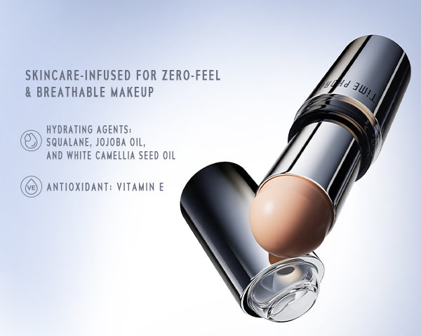 Time Phoria skin tint stick Makeup stick with skincare benefits on a light blue background