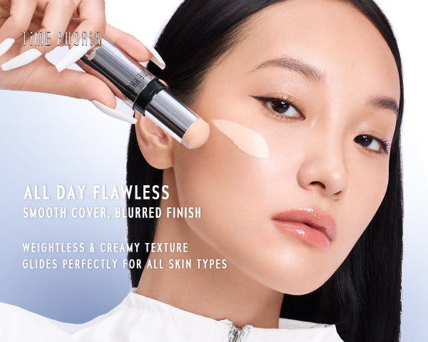 Time Phoria skin tint stick Woman applying a cosmetic product to her face with text highlighting features.