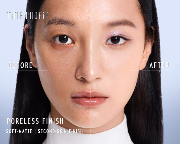 Time Phoria skin tint stick Before and after comparison of a woman's face with 'Time Phoria' product application, showing a poreless finish.