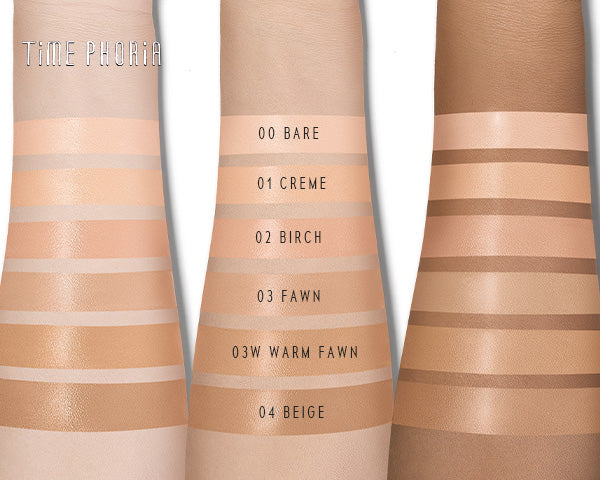 Time Phoria skin tint stick Three cosmetic tubes with color swatches and labels on a white background