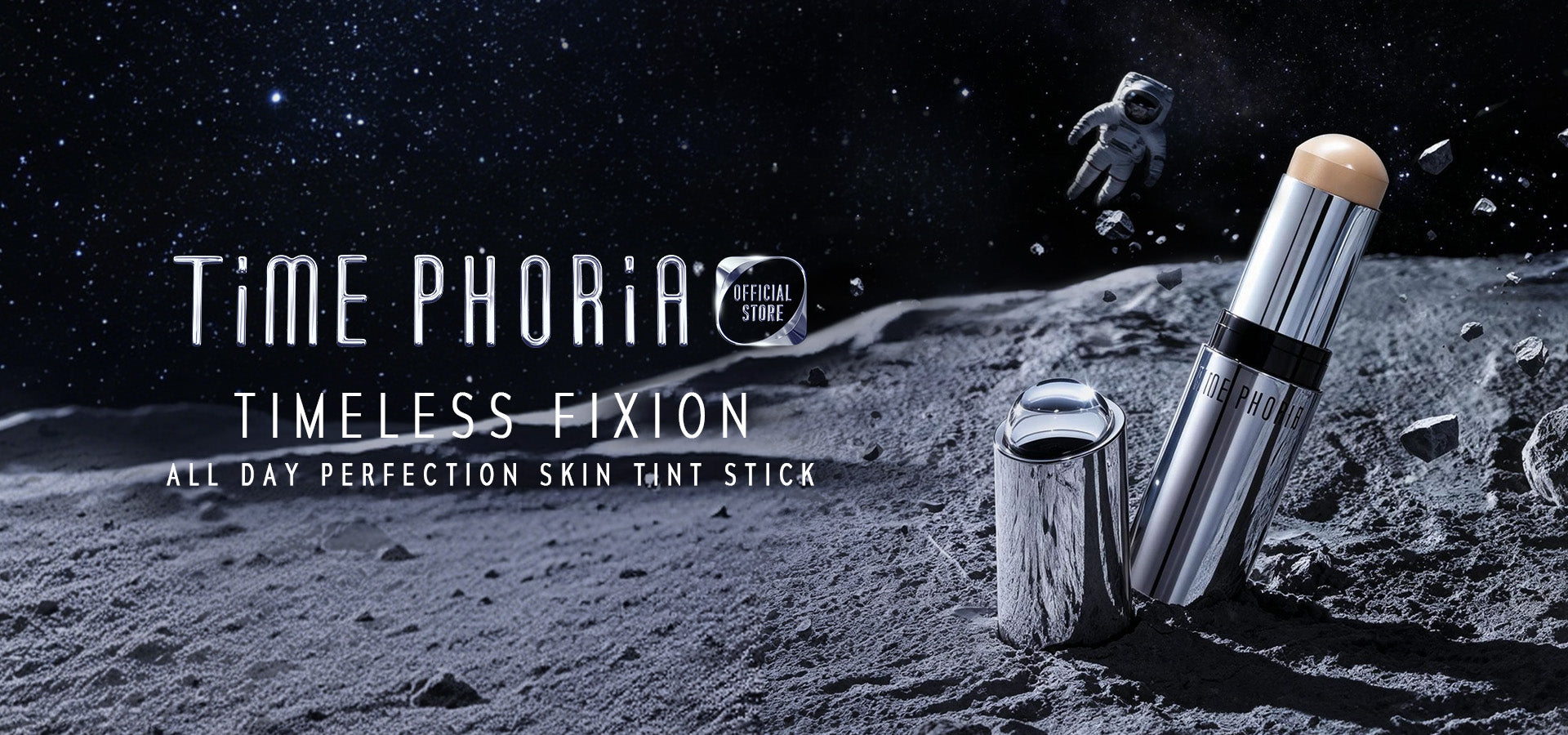 Time Phoria skin tint stick on a moon-like surface with an astronaut in the background