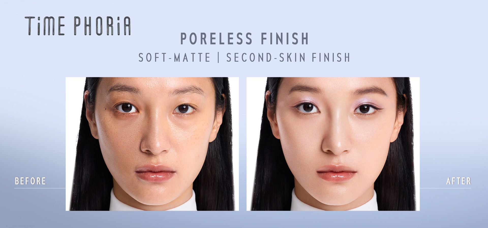 Time Phoria skin tint stick Before and after comparison of a person's face with 'Time Phoria' makeup product on a light blue background.