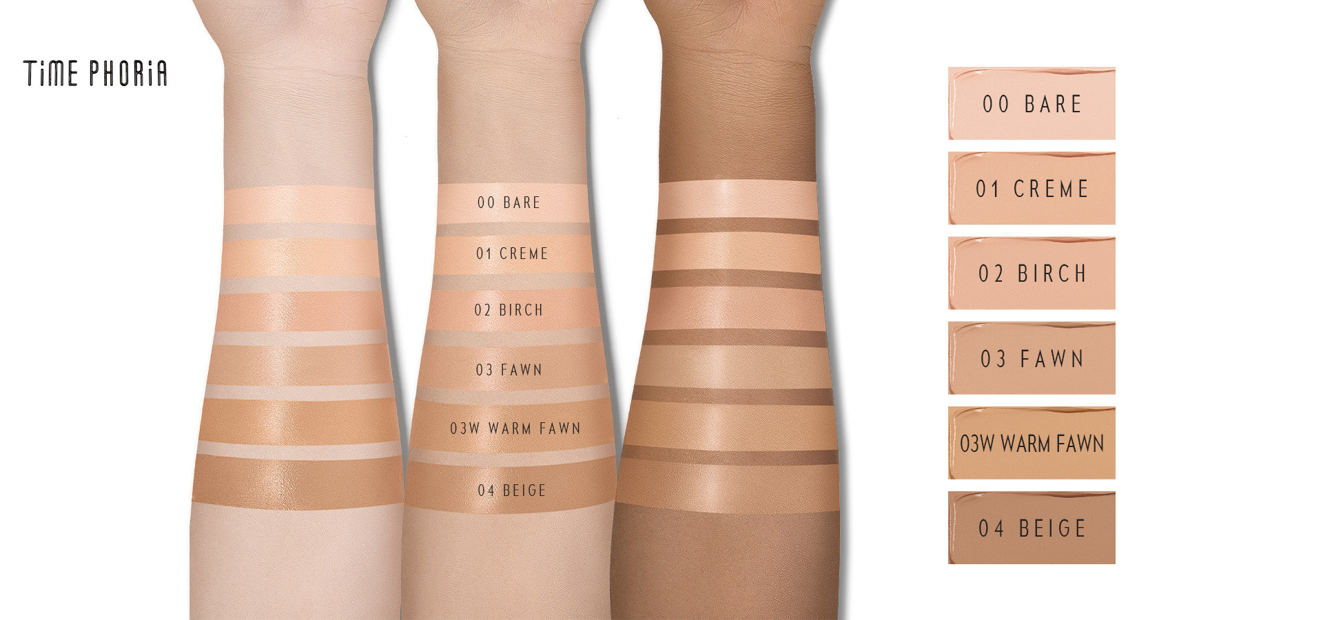 Time Phoria skin tint stick Color swatches of a makeup product with shade names on a white background