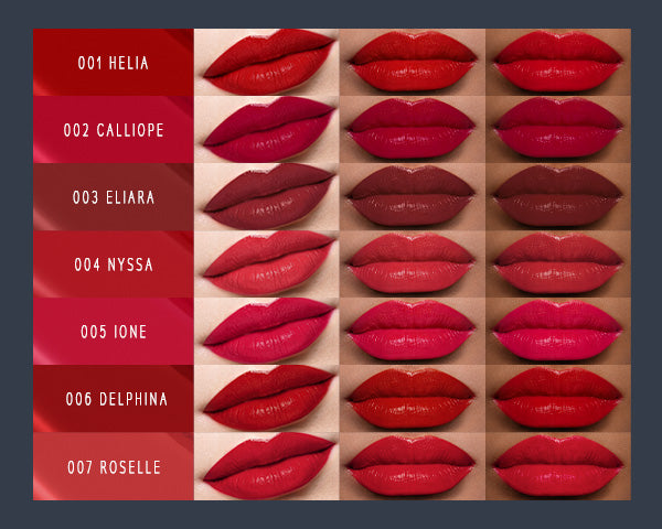 Timephoria superstain lip stain tattoo  shades displayed on lips with color names on the left