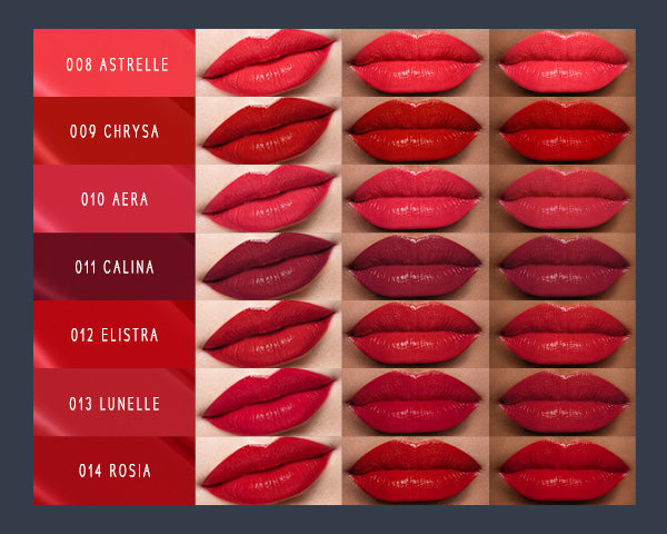 Timephoria superstain lip stain tattoo  shades displayed on lips with color names on the left