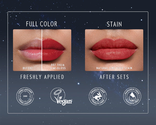 Timephoria superstain lip stain tattoo  Lip color comparison chart showing 'Before' and 'After' with brand logos on a dark background.