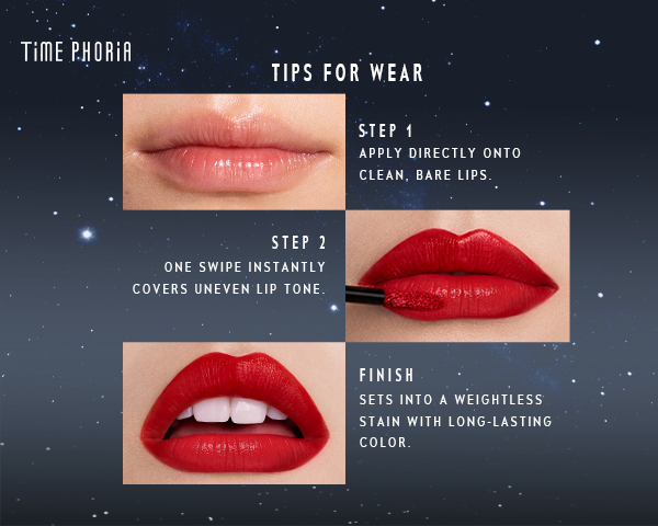 Timephoria superstain lip stain tattoo Lipstick application guide with steps and close-up shots on a dark background