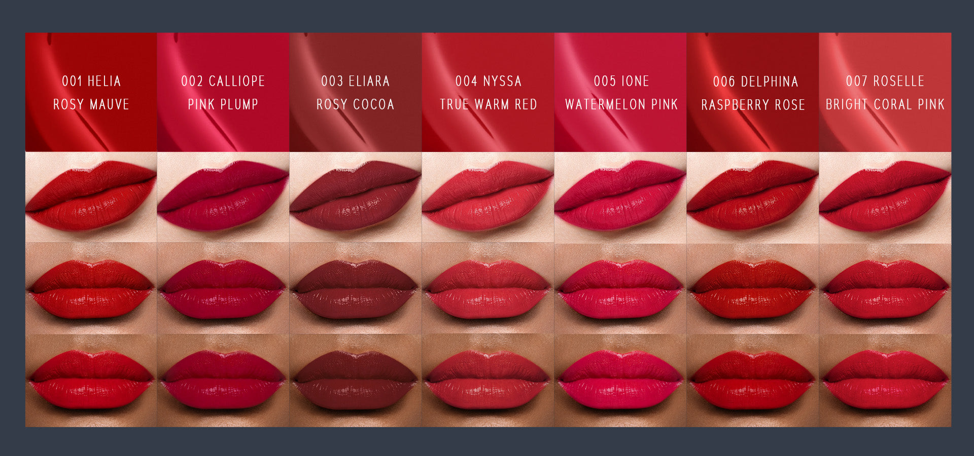 Timephoria superstain lip stain tattoo  shades displayed on lips with color names above each