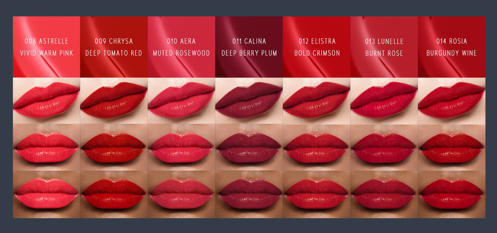 Timephoria superstain lip stain tattoo  shades displayed on lips with color names above each