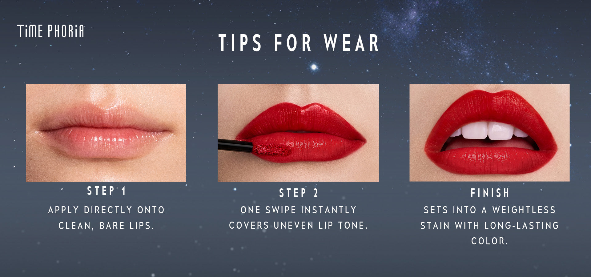 Timephoria superstain lip stain tattoo   application steps with close-up images of lips on a dark background