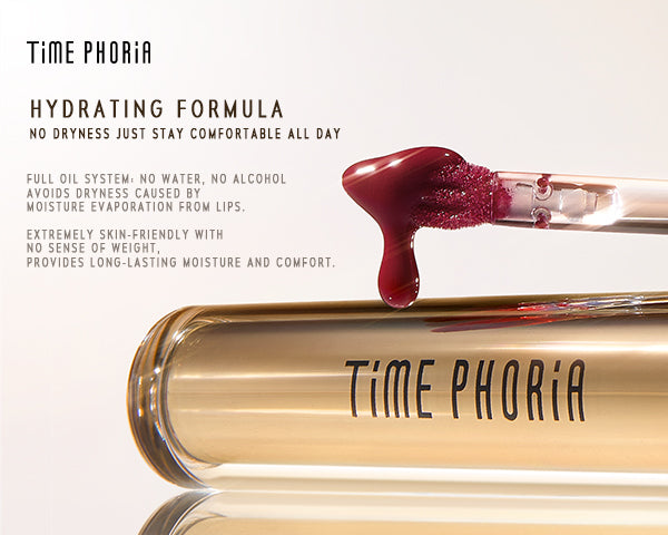 Timephoria Switching Lip Cream with text 'HYDRATING FORMULA NO DRYNESS JUST STAY COMFORTABLE ALL DAY'