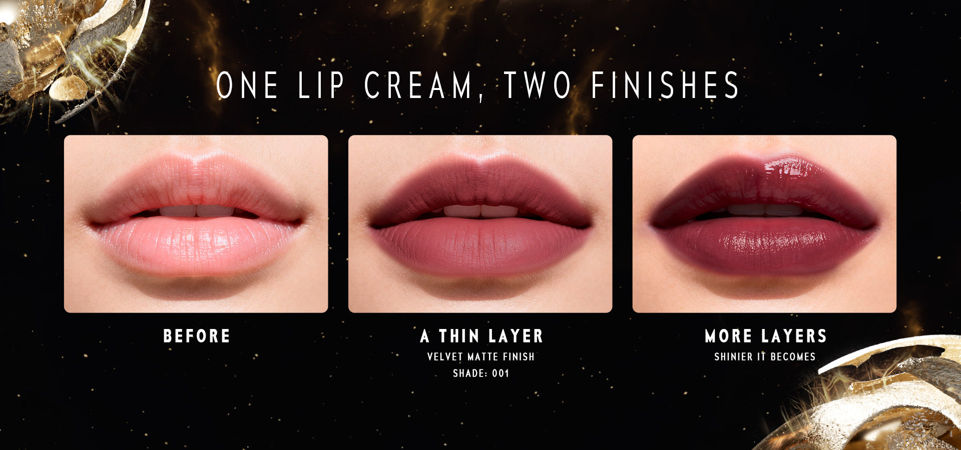 Timephoria Switching Lip Cream transformation showing 'Before', 'A Thin Layer', and 'More Layers' with different finishes.