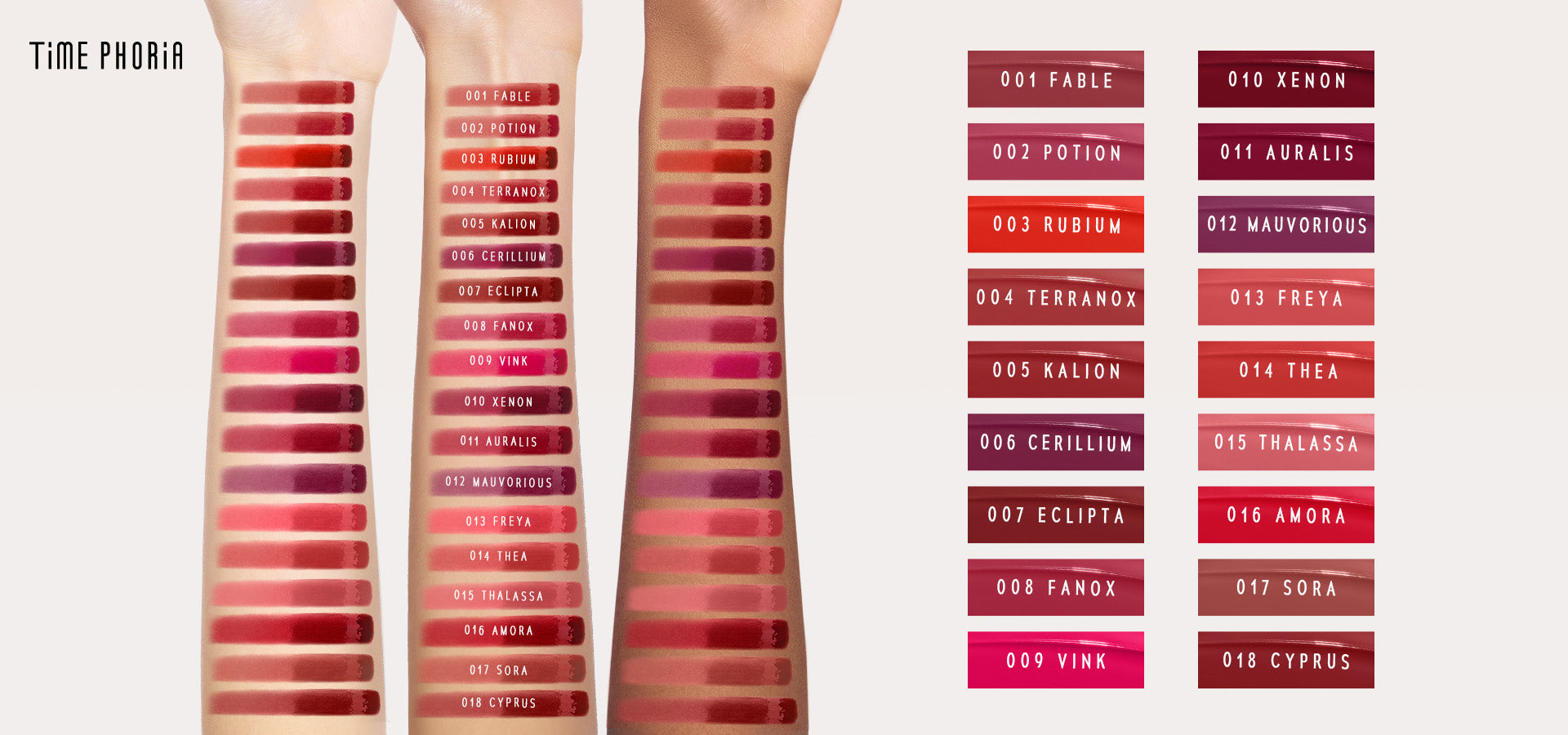 Timephoria Switching Lip Cream swatches on a person's arm with color names on a white background